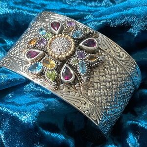 Effy Multi Gemstone Diamond Cross Cuff Bracelet in Sterling Silver and 18K Gold